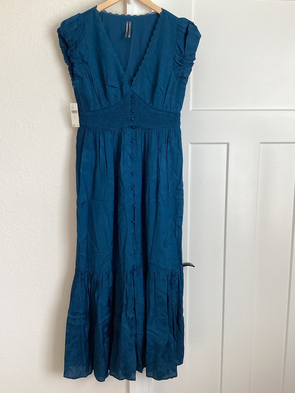 Anthropologie Peregrine V-Neck Midi Dress Silken Cap Sleeve Small Deep Sea Blue - Picture 4 of 15